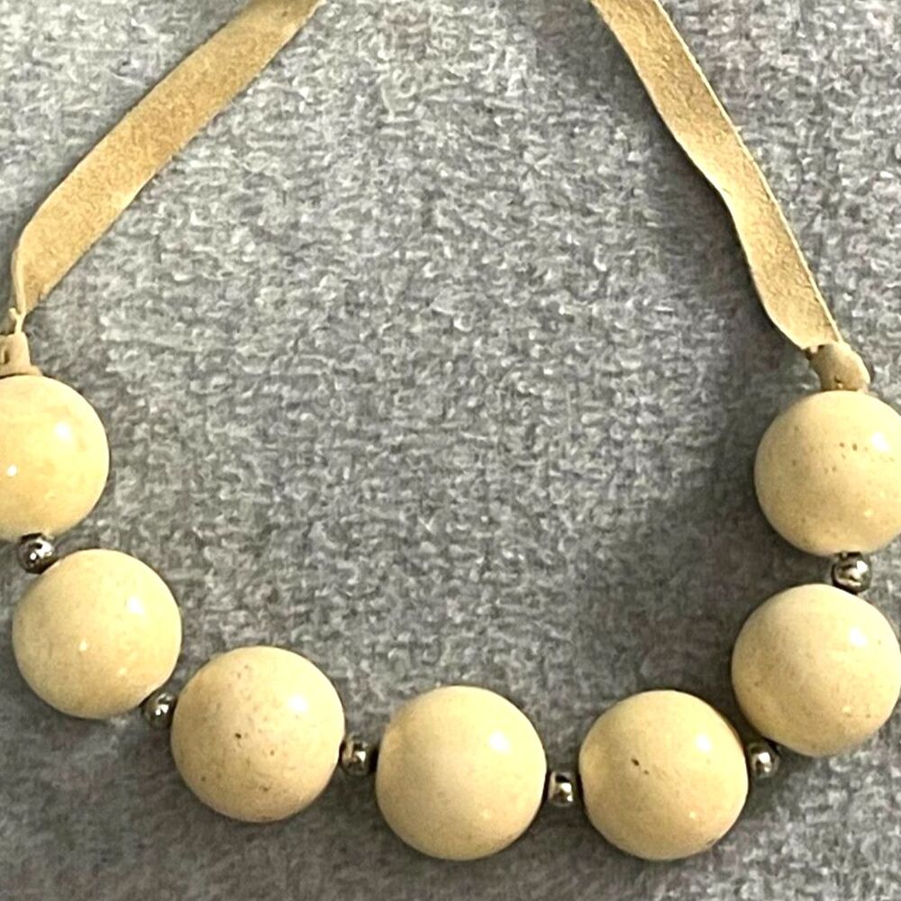 Cream Speckled Bead Necklace Suede Strap Toggle Clasp Statement